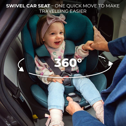 Kinderkraft I-FIX car seat with 360-degree swivel feature for easy child access and secure travel.