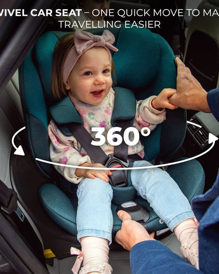 Kinderkraft I-FIX car seat with 360-degree swivel feature for easy child access and secure travel.