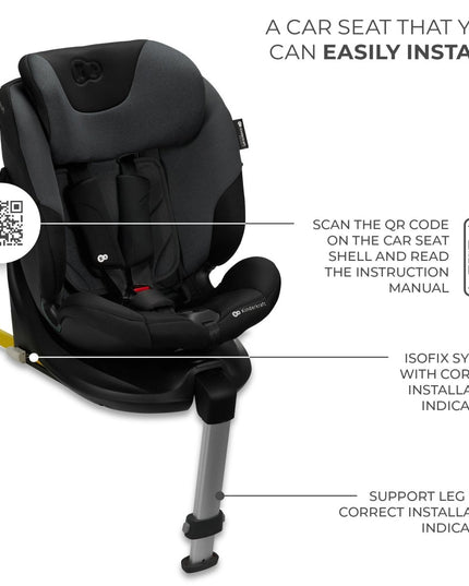 Kinderkraft I-FIX car seat with easy installation via ISOFIX, support leg, and QR code for manual access.