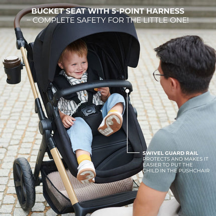 Kinderkraft MOOV 2 Stroller with bucket seat and 5-point harness, providing complete safety for the child.