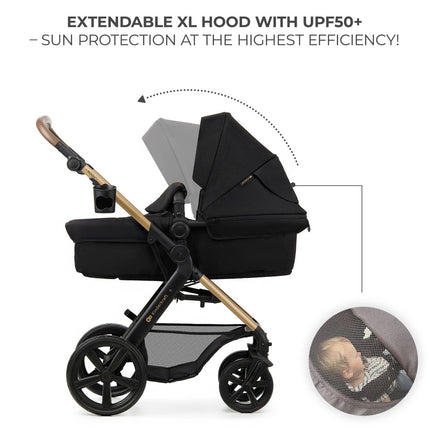 Kinderkraft MOOV 2 Stroller with extendable XL hood UPF50+, offering superior sun protection for the child.