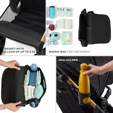 Kinderkraft MOOV 2 Stroller with a spacious 5 kg capacity basket, roomy parent bag, and convenient mug holder.