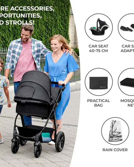 Family with Kinderkraft MOOV stroller and included accessories for travel