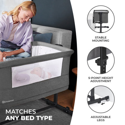 Kinderkraft Baby Cot NESTE GROW beside adult bed, showing stable mounting and 5-point height adjustment