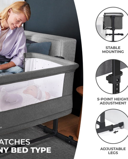 Kinderkraft Baby Cot NESTE GROW beside adult bed, showing stable mounting and 5-point height adjustment