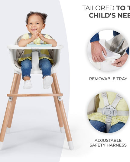 Baby in Kinderkraft High Chair SIENNA with removable tray and safety harness.