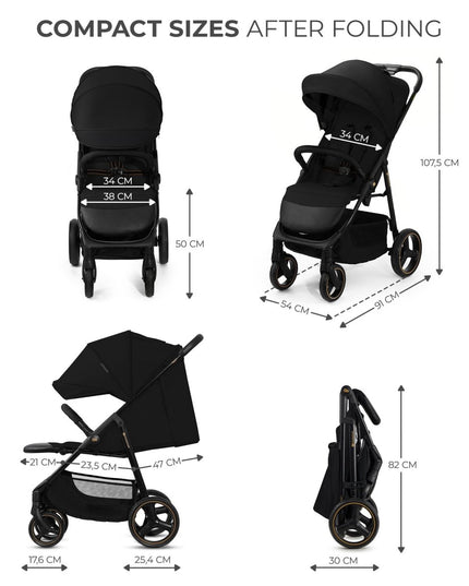 Compact dimensions of folded Kinderkraft Stroller TRIG 3, showcasing storage convenience