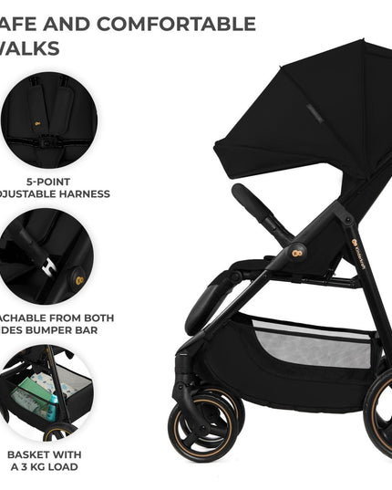 Detailed view of Kinderkraft Stroller TRIG 3 features including 5-point harness and storage basket