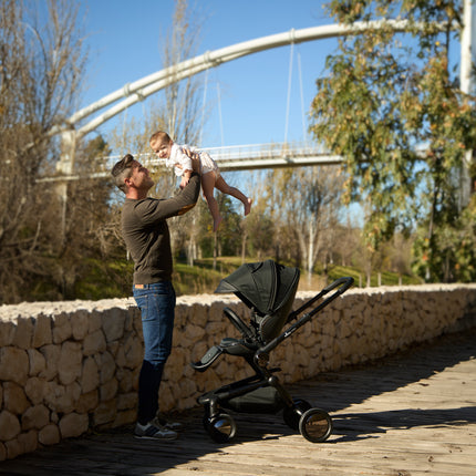 Father lifting child near the Mima Creo Stroller Black at the lake.