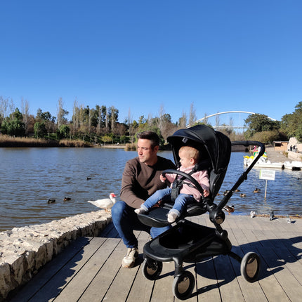 Father and toddler enjoying a day by the lake with ducks using the Mima Creo Stroller Black in the park.