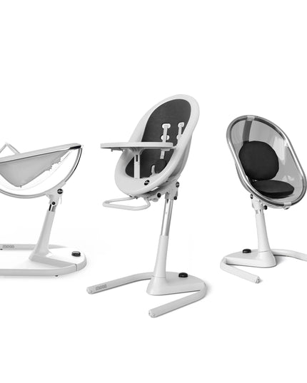 Mima Moon High Chair in White and Black, highlighting three configurations: reclined, upright, and toddler seat.