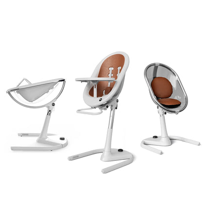 Mima Moon High Chair in White and Camel, displaying three configurations: reclined, upright, and toddler seat."