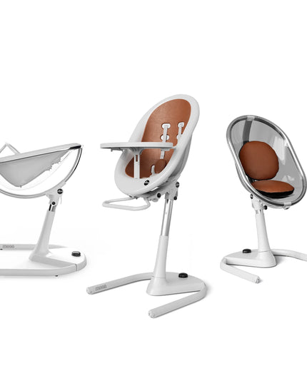 Mima Moon High Chair in White and Camel, displaying three configurations: reclined, upright, and toddler seat."