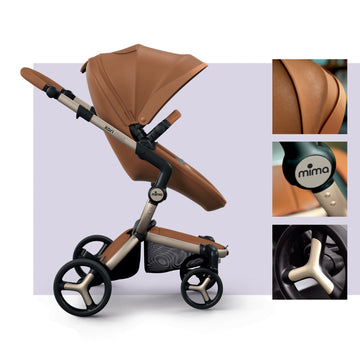 Mima XARI MAX stroller in brown with close-up details of seat, frame, and wheels