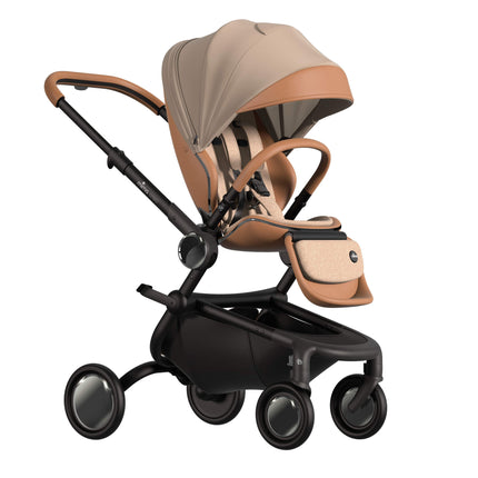 MIMA Creo Stroller in mocha, perspective view with unzipped canopy, highlighting modern design and comfort.