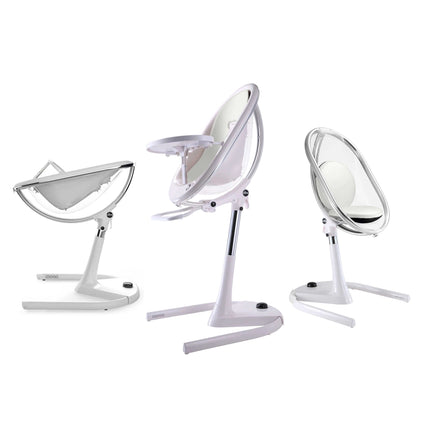 Mima Moon High Chair in white, displaying three configurations: reclined, upright, and toddler seat.