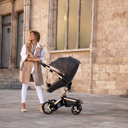 Woman pushing Mima XARI MAX stroller up stone steps in front of historic building.