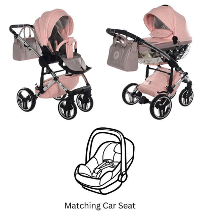Junama Diamond Stroller Hand Craft Glitter V3 in Pink + Silver Combo: 3 IN 1 (Includes Car Seat) by KIDZNBABY