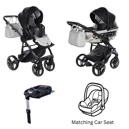Junama Diamond Stroller Hand Craft Glitter V3 in Black + Silver Combo: 4 IN 1 (Includes Car Seat + ISOFIX Base) by KIDZNBABY