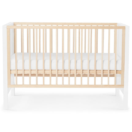Front view of Kinderkraft Baby Cot MIA with white mattress.