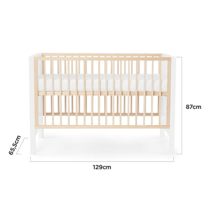 Kinderkraft Baby Cot MIA with mattress size dimensions displayed.