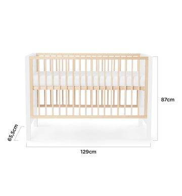 Kinderkraft Baby Cot MIA with mattress size dimensions displayed.