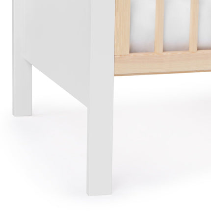 Close up view of Kinderkraft Baby Cot MIA with white mattress.