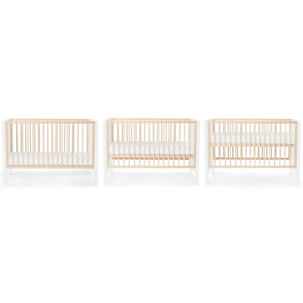 Three stages of Kinderkraft Baby Cot MIA conversion with mattress.