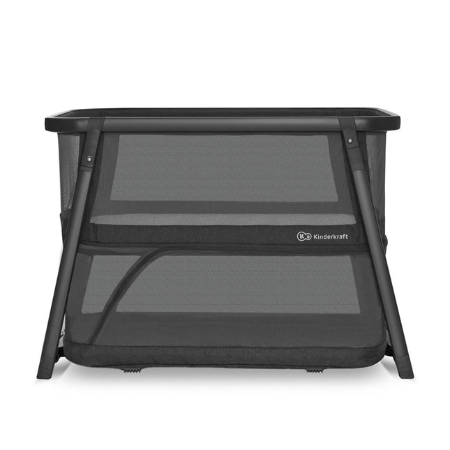 Frontal view of the Kinderkraft Baby Travel Cot SOFI PLUS in gray.