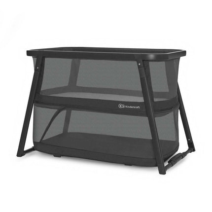 Kinderkraft Baby Travel Cot SOFI PLUS in gray, side angle view.