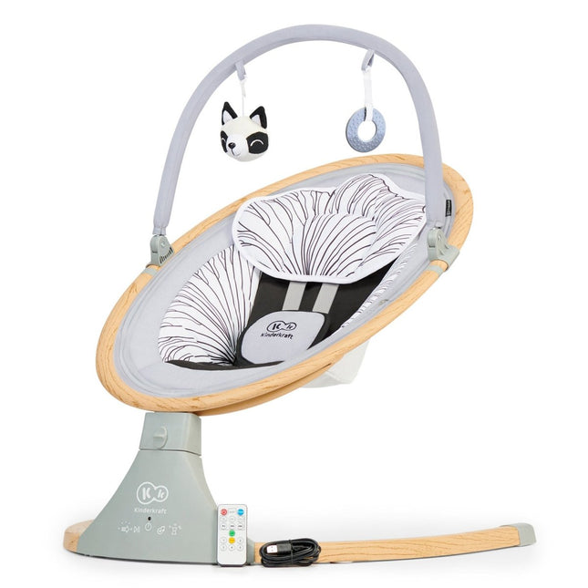 Kinderkraft Bouncer LUMI in grey with wooden base and toy bar.