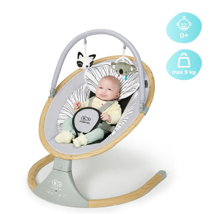 Smiling baby in Kinderkraft Bouncer LUMI with weight info.