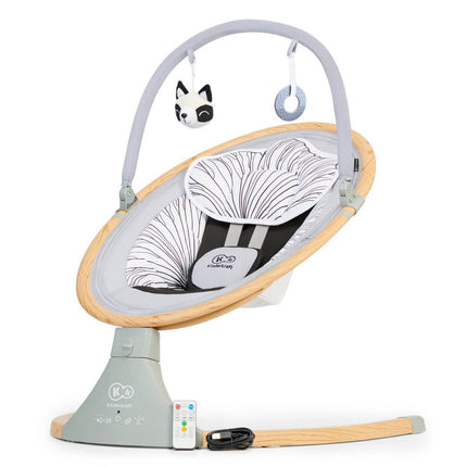 Kinderkraft Bouncer LUMI in grey with wooden base and toy bar.